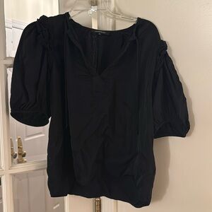 Olivaceous black blouse with puff sleeves and tie neck